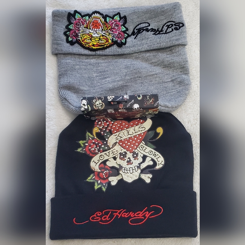 ♦️Ed Hardy Set of Beanies~Screaming Tiger & Skull w/rhinestone detail♦️